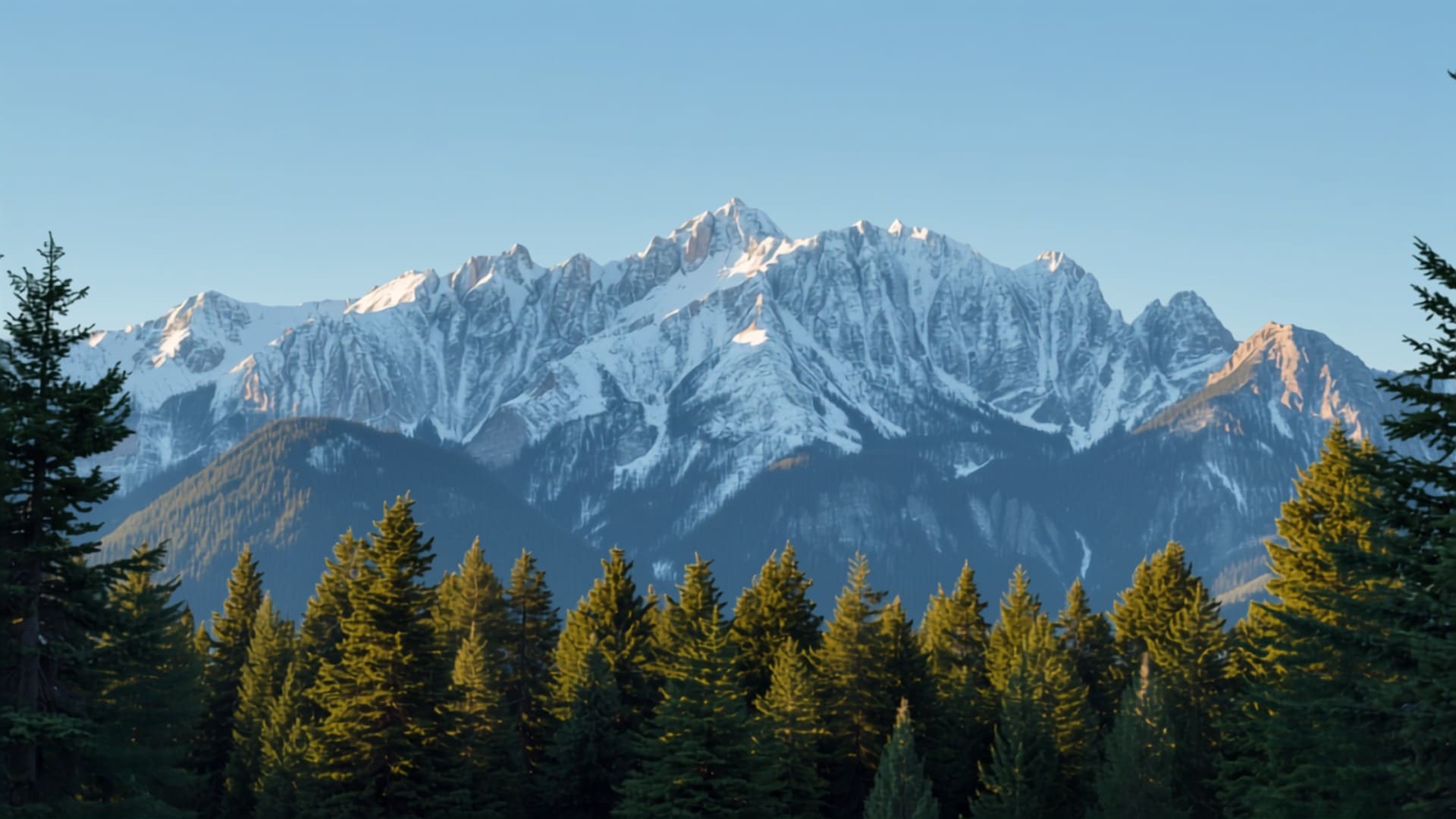Snow-capped mountains above an evergreen forest at dawn